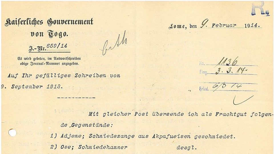 Begleitschreiben der deutschen Kolonialverwaltung.