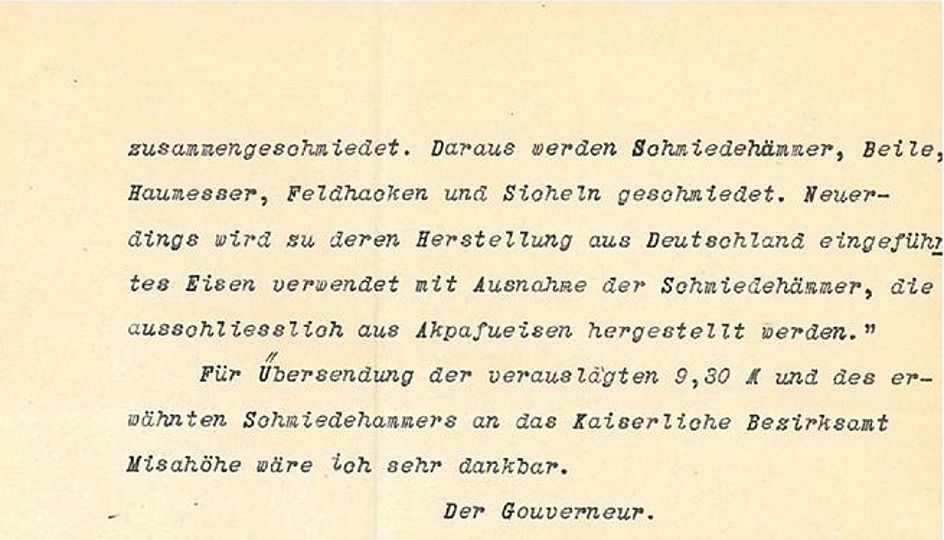 Begleitschreiben der deutschen Kolonialverwaltung.